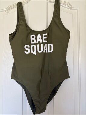 No Boundaries Olive One-Piece Swimsuit with White 'BAE SQUAD' Text